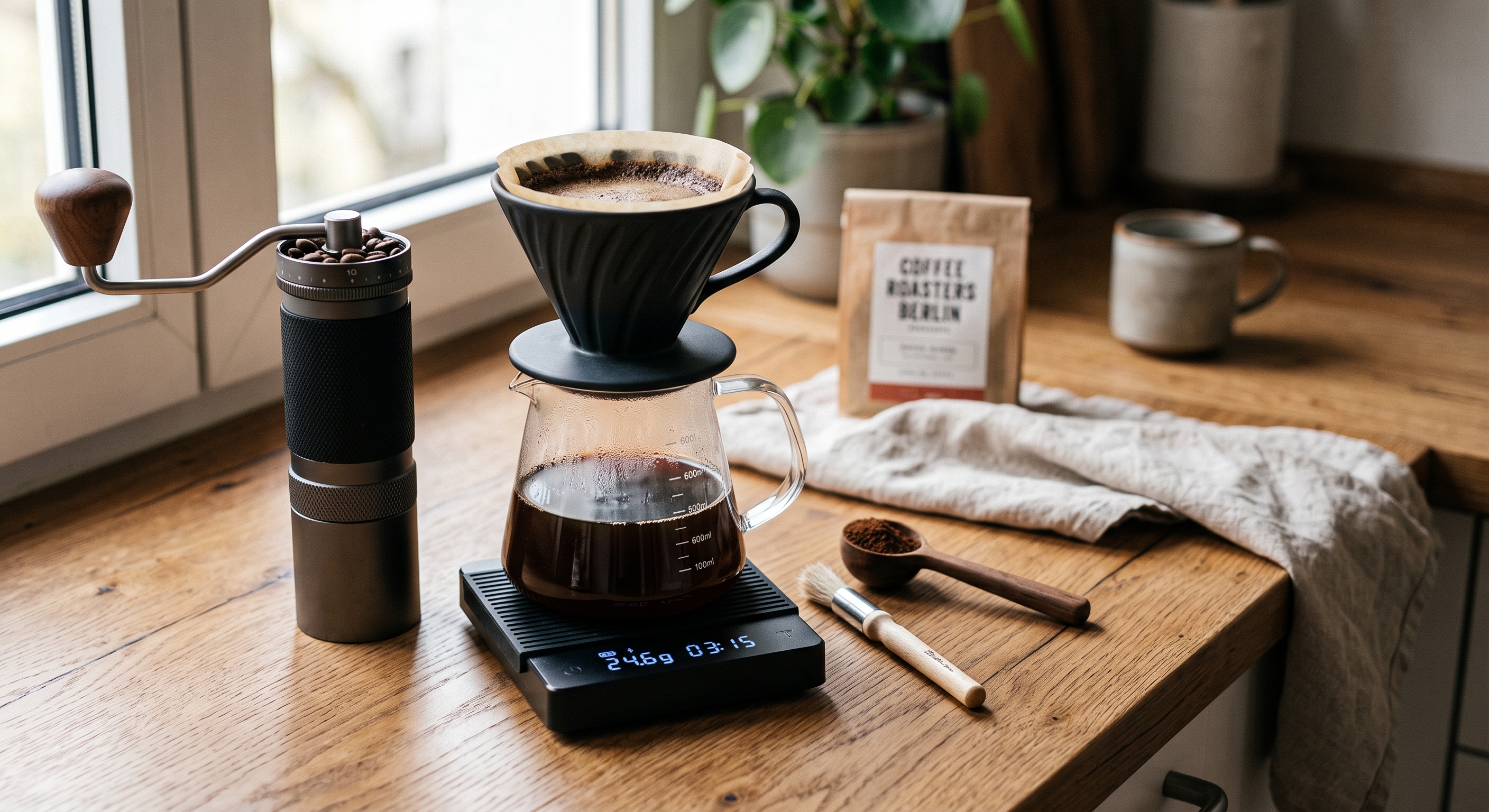 Kaffee- & Barista-Komplettset, 4-teilig (Handmühle, Keramikfilter, Kanne & Feinwaage)